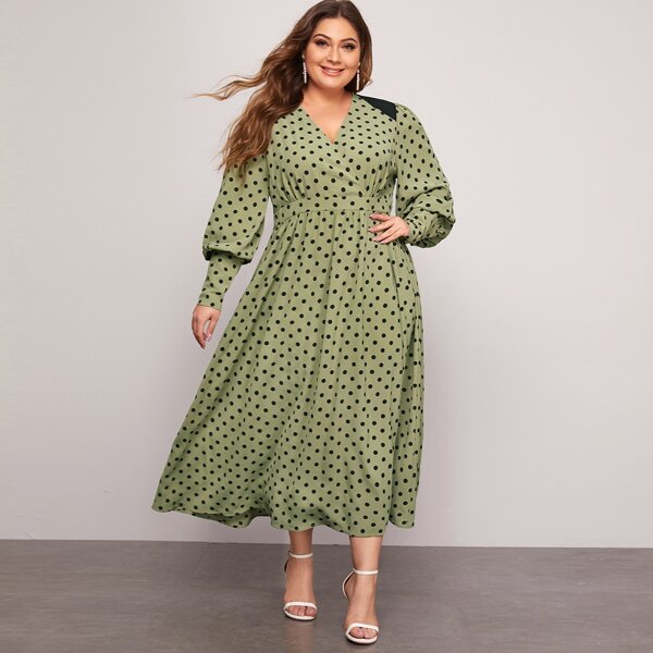 

Plus Lantern Sleeve Polka Dot Print Dress, Army green