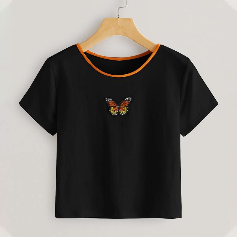 

Butterfly Embroidery Contrast Binding Tee, Black