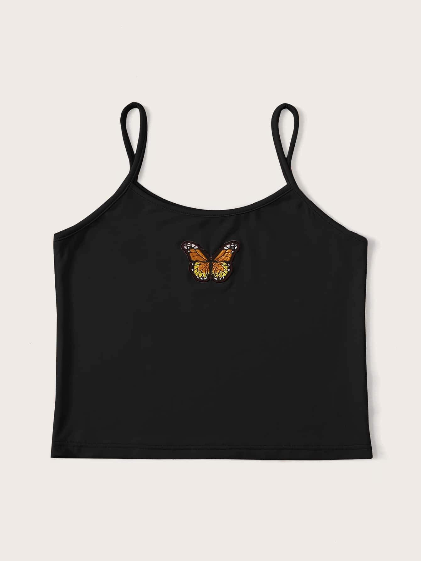 Butterfly Embroidery Black Cami ROMWE