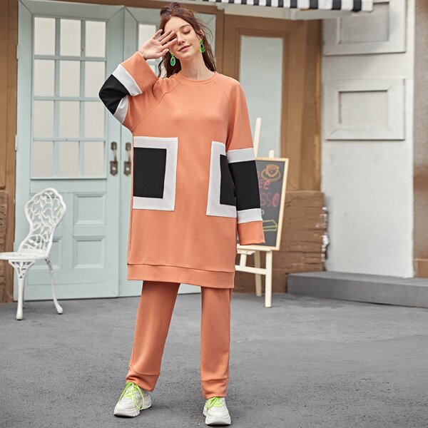 

Raglan Sleeve Colorblock Longline Top & Pants Set, Orange