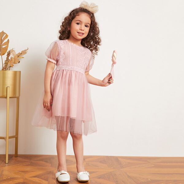 

Toddler Girls Mesh Overlay Puff Sleeve Tutu Dress, Pink pastel