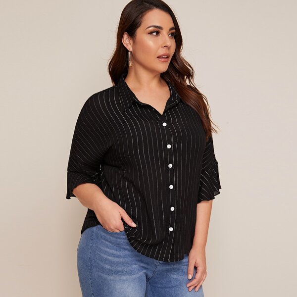 

Plus Button Front Flounce Sleeve Striped Shirt, Black
