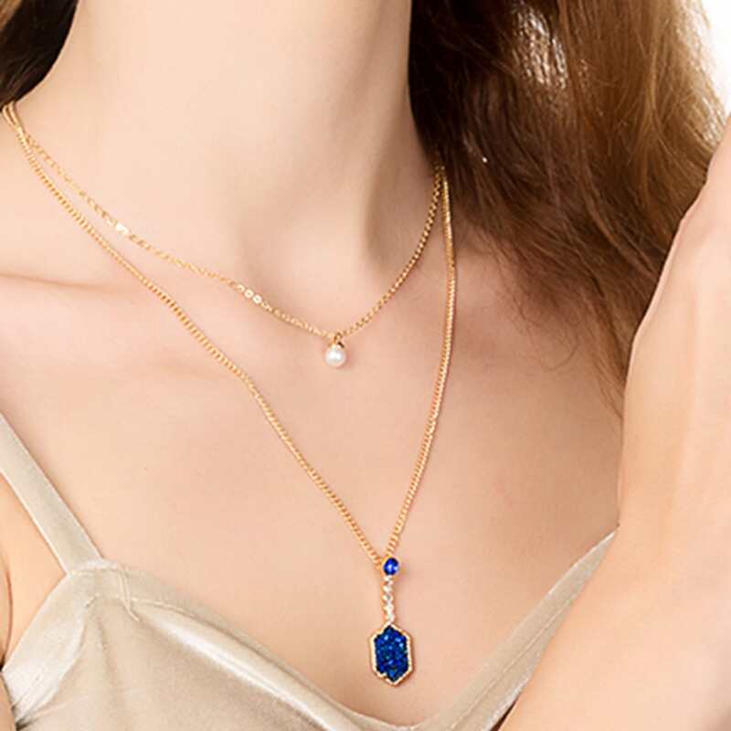 

2pcs Faux Pearl & Rhinestone Charm Necklace, Gold