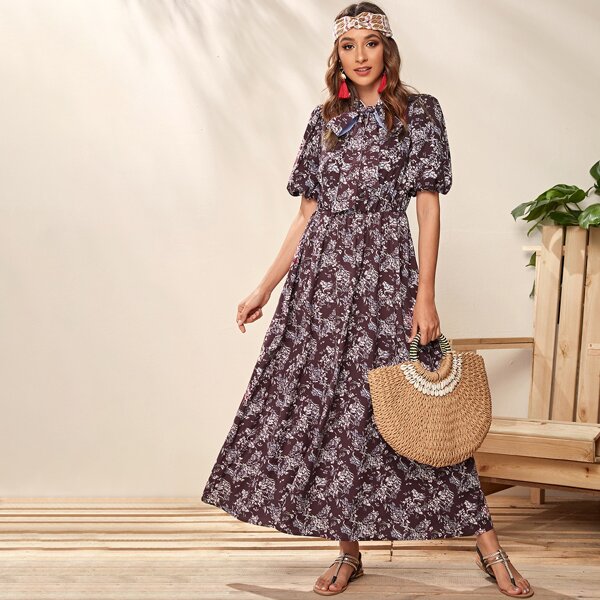 

Tie Neck Puff Sleeve Ditsy Floral Print Dress, Multicolor