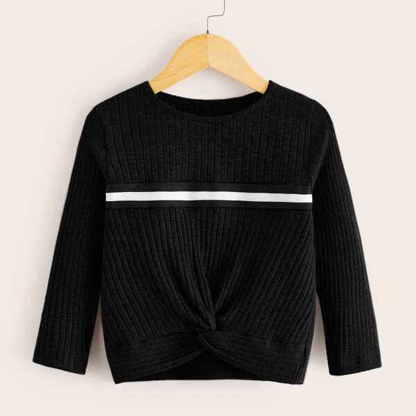 

Toddler Girls Striped Tape Twist Hem Tee, Black
