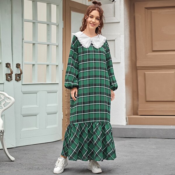 

Contrast Peter-pan Collar Lantern Sleeve Ruffle Hem Plaid Dress, Green