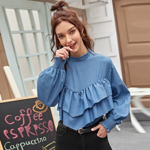 

Layered Ruffle Detail Shirred Cuff Top, Blue