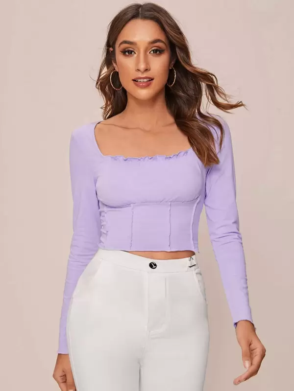 SHEIN Lettuce-Edge Long Sleeve Crop Top