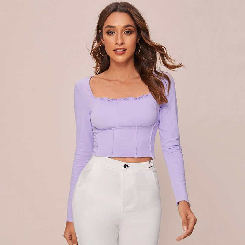 

Lettuce-Edge Long Sleeve Crop Top, Lilac purple