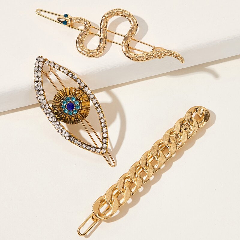 

3pcs Rhinestone Engraved Eye & Serpentine Design Hair Clip, Gold