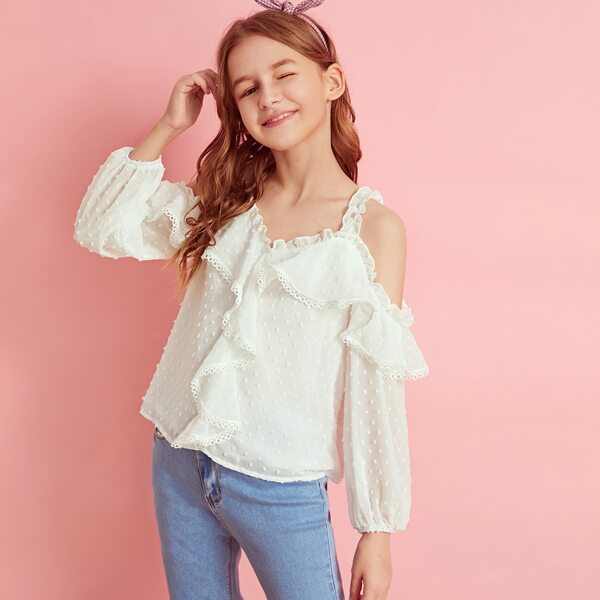 

Girls Cold Shoulder Frill Trim Lace Tape Swiss Dot Top, White