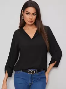 SHEIN Clasi Curved Hem Rolled Tab Sleeve Top - Black - View 1