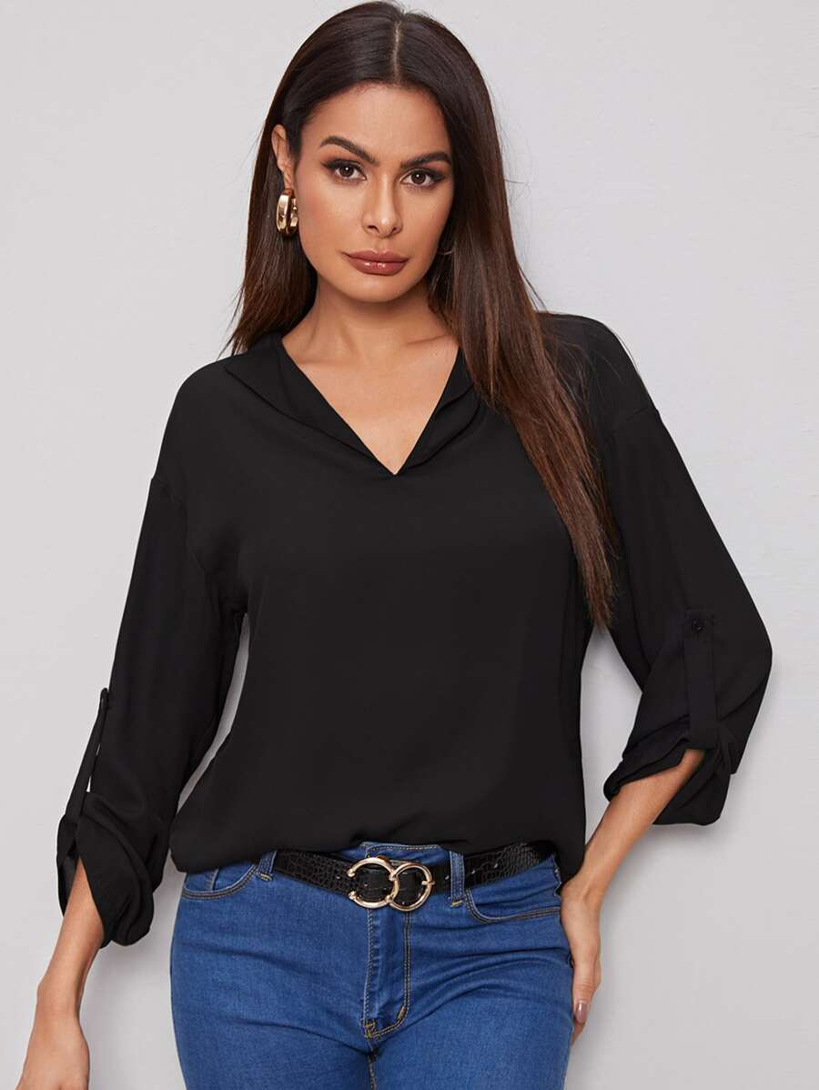 SHEIN Clasi Curved Hem Rolled Tab Sleeve Top - Black - View 1