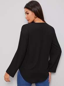 SHEIN Clasi Curved Hem Rolled Tab Sleeve Top - Black - View 2
