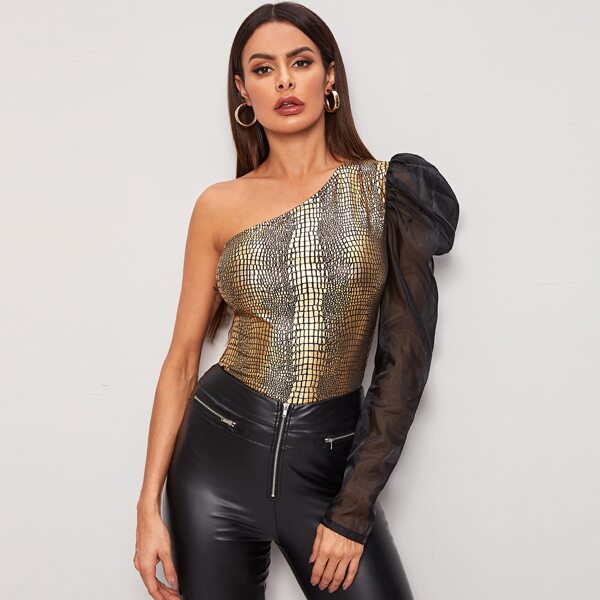 

One Shoulder Organza Sleeve Crocodile Print Top, Multicolor