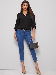 SHEIN Clasi Curved Hem Rolled Tab Sleeve Top - Black - View 3