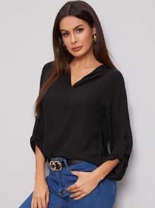 SHEIN Clasi Curved Hem Rolled Tab Sleeve Top - Black - View 4