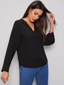 SHEIN Clasi Curved Hem Rolled Tab Sleeve Top - Black - View 5