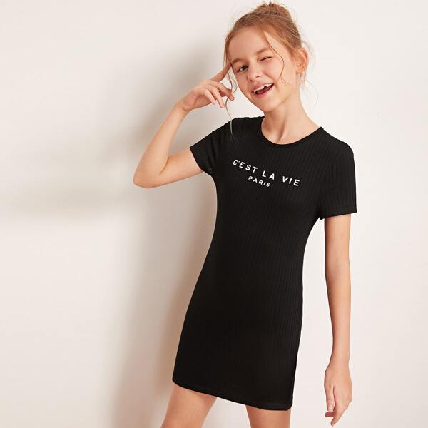 

Girls Slogan Graphic Rib-knit Dress, Black