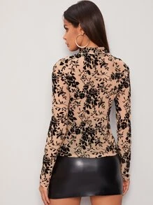 SHEIN Privé Floral Flocked Velvet Mesh Top - Multicolor - View 2