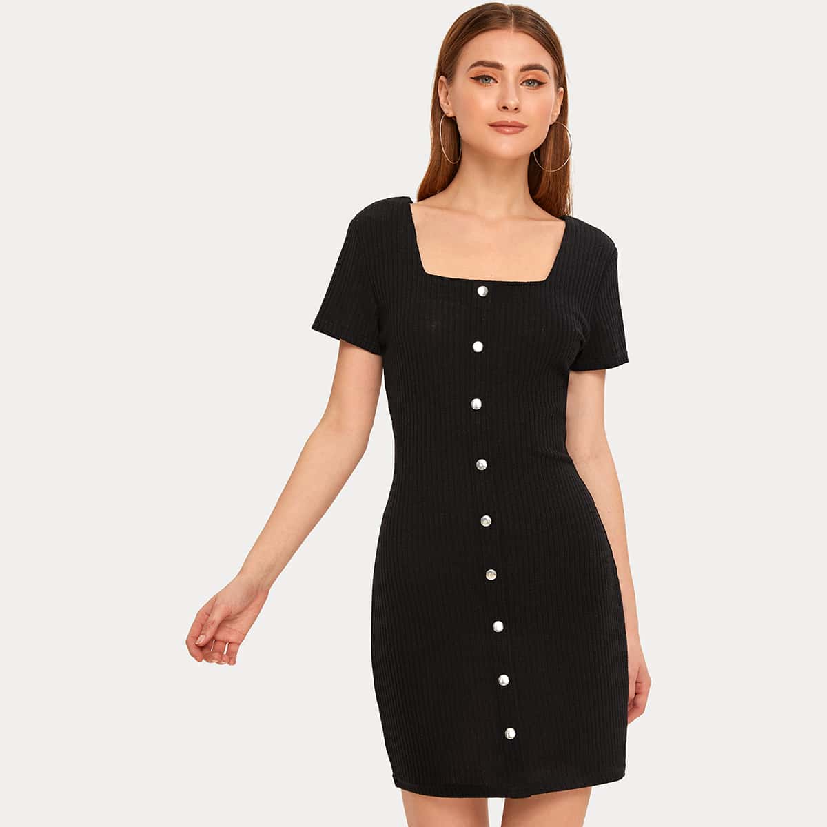 

Square Neck Button Front Ribbed Dress, Black
