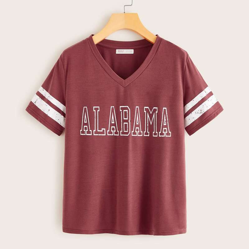 

Letter Graphic Striped Sleeve Tee, Red