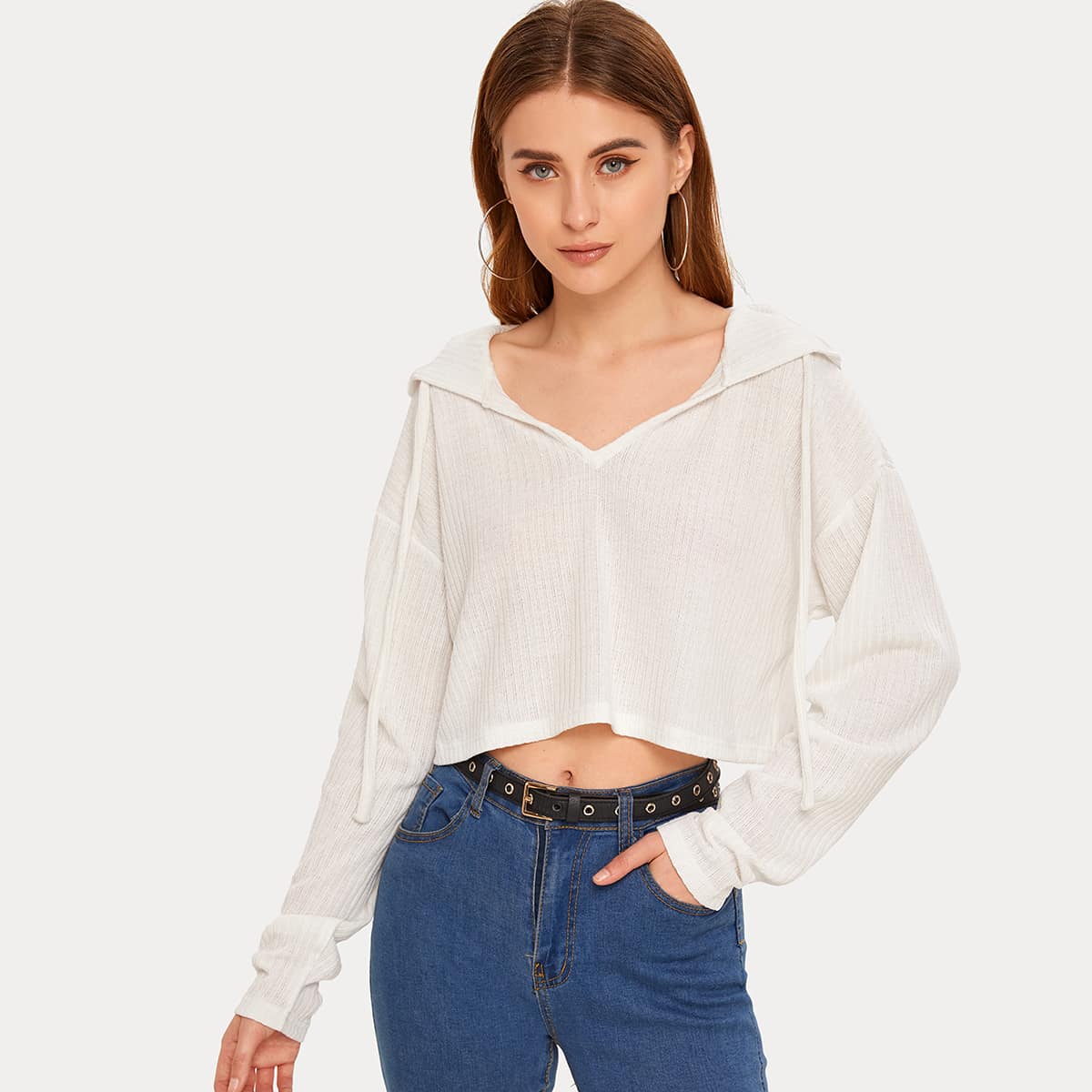 

Solid Crop Hoodie, White