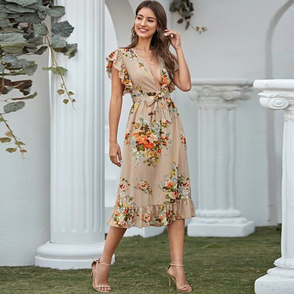 

Plunging Neck Flutter Sleeve Belted Floral Dress, Khaki