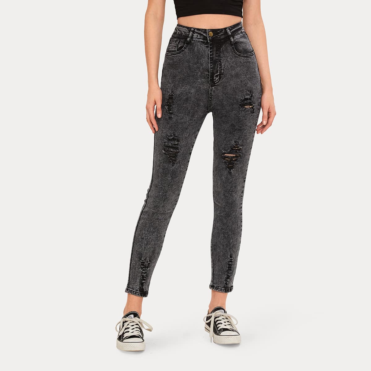 

Ripped 5-Pocket Skinny Flakes Jeans, Grey