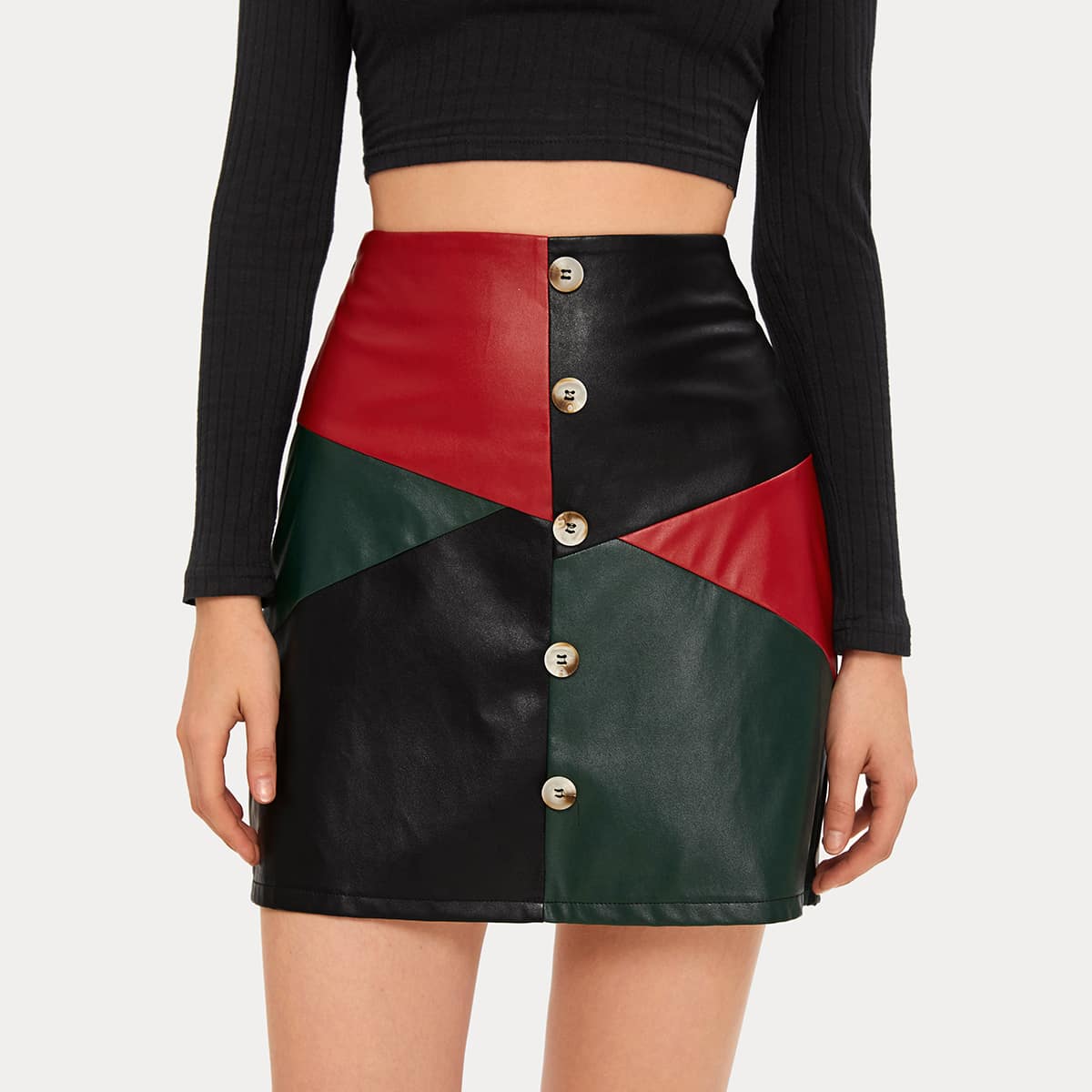 

Button Detail Faux Leather Colorblock Skirt, Multicolor