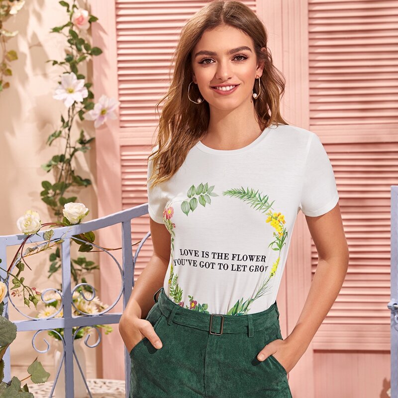 

Slogan & Floral Graphic Tee, White