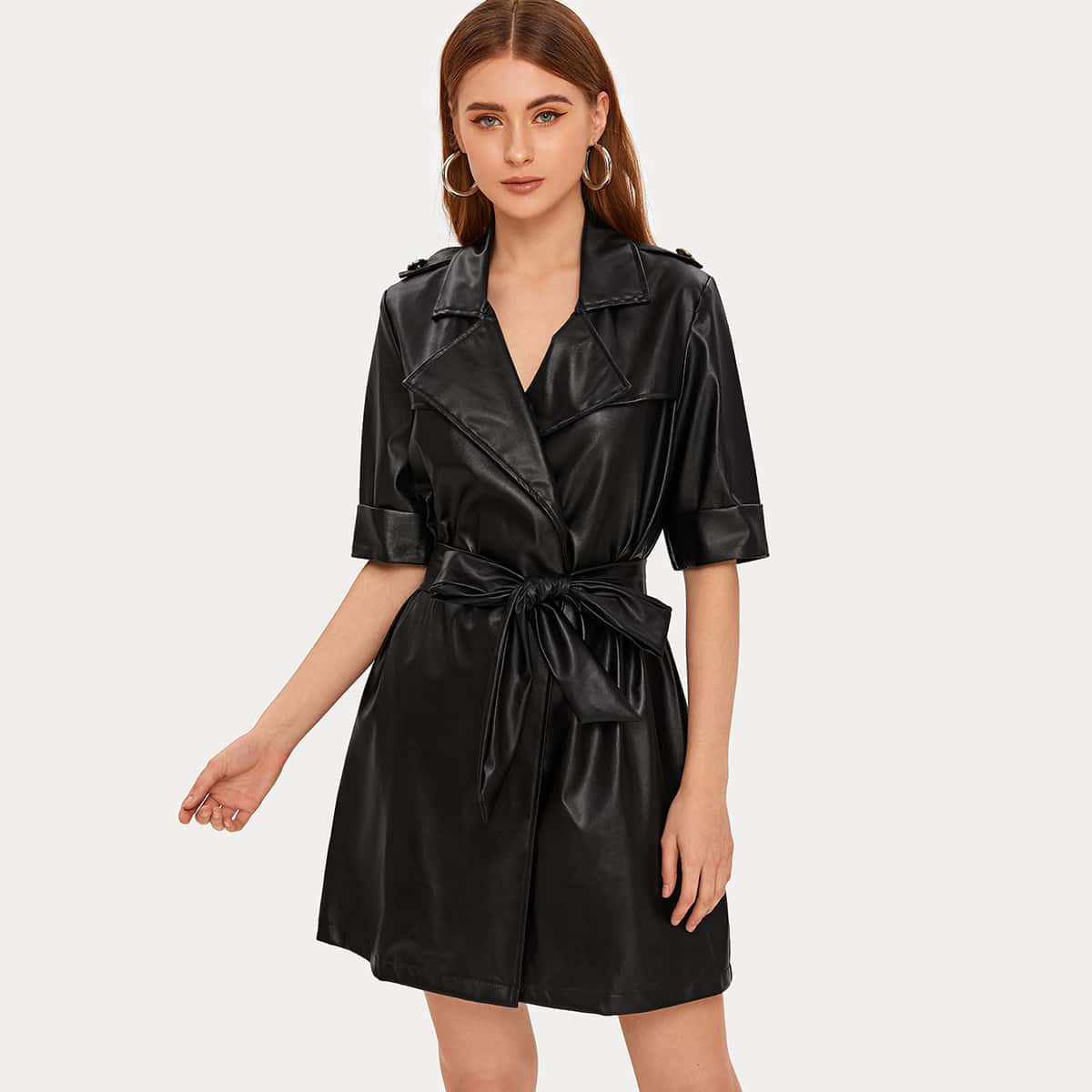

Belted Wrap PU Leather Dress, Black
