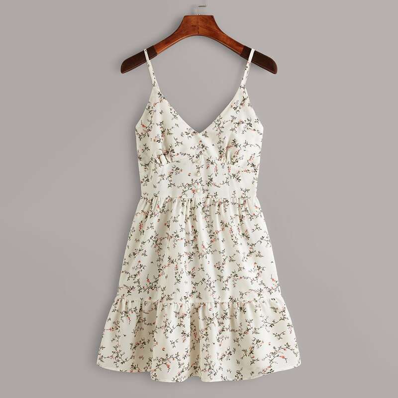 

Chiffon Ditsy Floral Button Front Cami Dress, Beige
