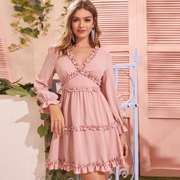 

Flounce Sleeve Frill Trim Dress, Pastel baby pink