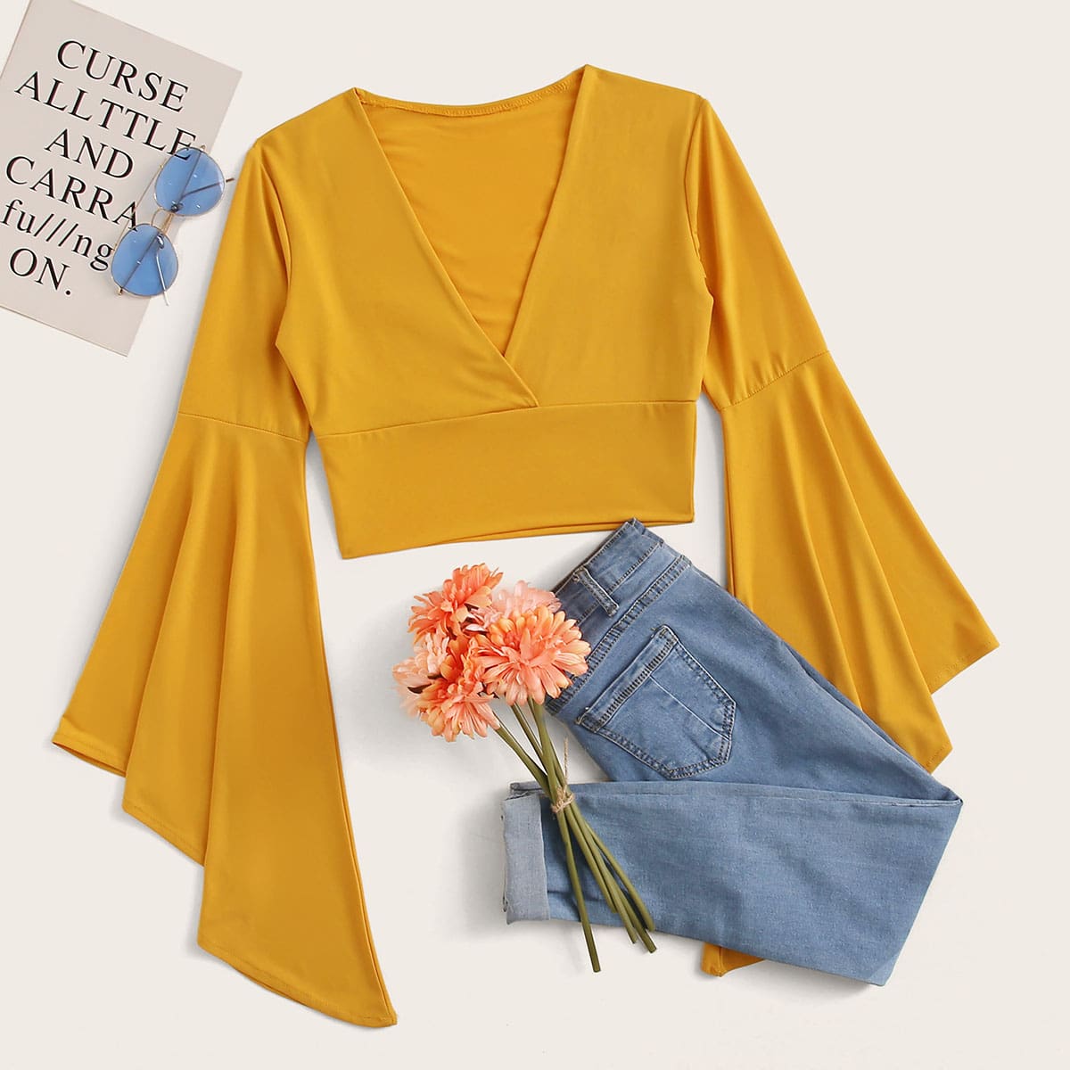 

Flounce Sleeve V Neck Yellow Crop Top