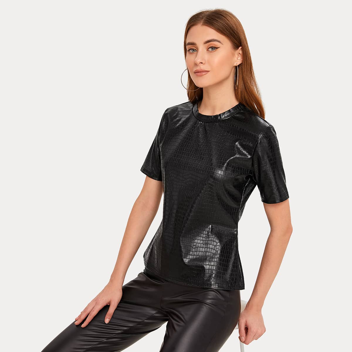 

Solid Crocodile PU Crew Neck Tee, Black