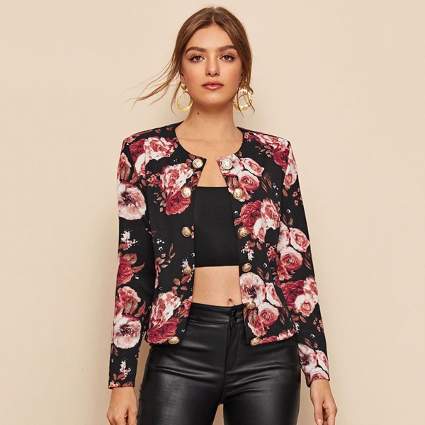 

Floral Print Double Breasted Jacket, Multicolor