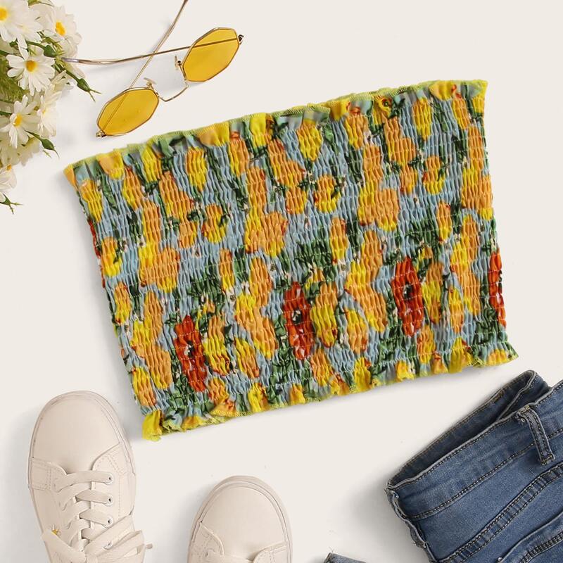 

Floral Shirred Tube Top, Multicolor