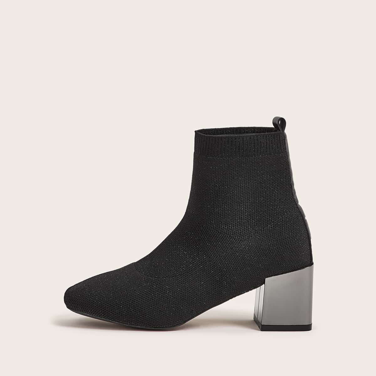 

Glitter Square Toe Sock Boots, Black