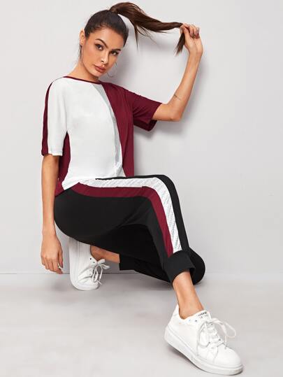 Contrast Sequin Color-block Tee With Joggers