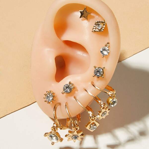 

12pcs Rhinestone Decor Star & Geometric Decor Earrings, Gold