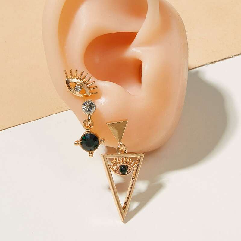 

3pcs Eye & Geometric Decor Earrings, Gold