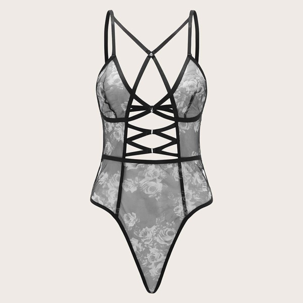 

Rose Lace Harness Teddy Bodysuit, Black