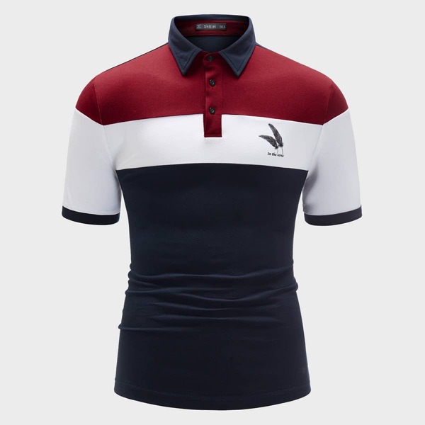 

Men Slogan Graphic Colorblock Polo Shirt, Multicolor