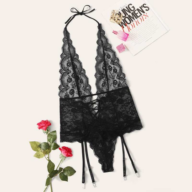 

Floral Lace Garter Teddy Bodysuit, Black