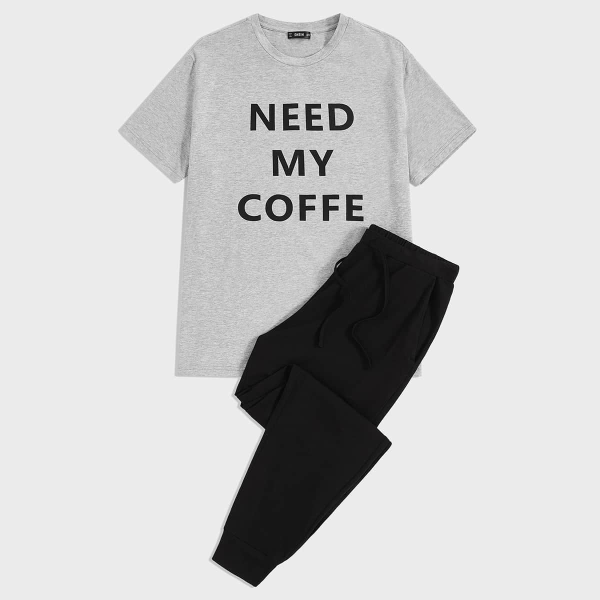

Guys Slogan Graphic Top & Drawstring Waist Pants PJ Set, Multicolor