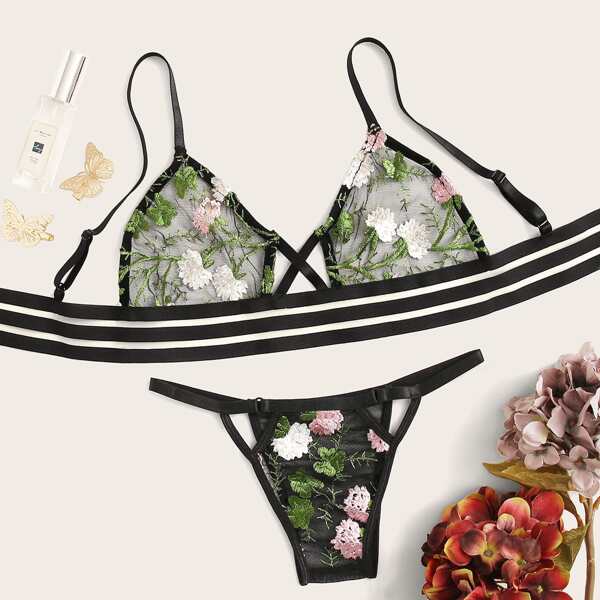 

Floral Embroidery Mesh Lingerie Set, Multicolor