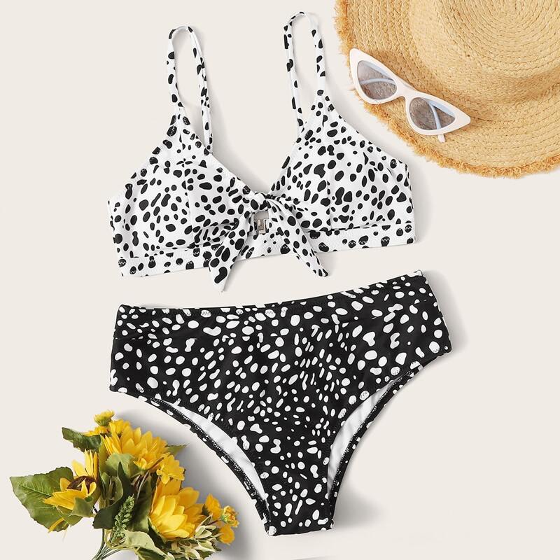 

Knot Top With Dalmatian Print Bikini Set, Black and white