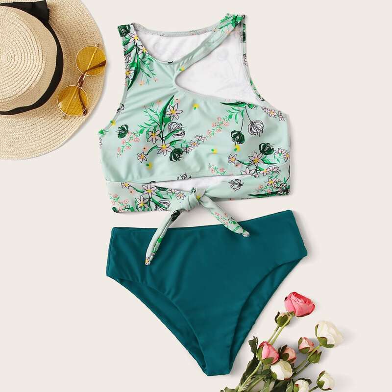 

Asymmetrical Neck Floral Top With High Waist Bikini Set, Multicolor