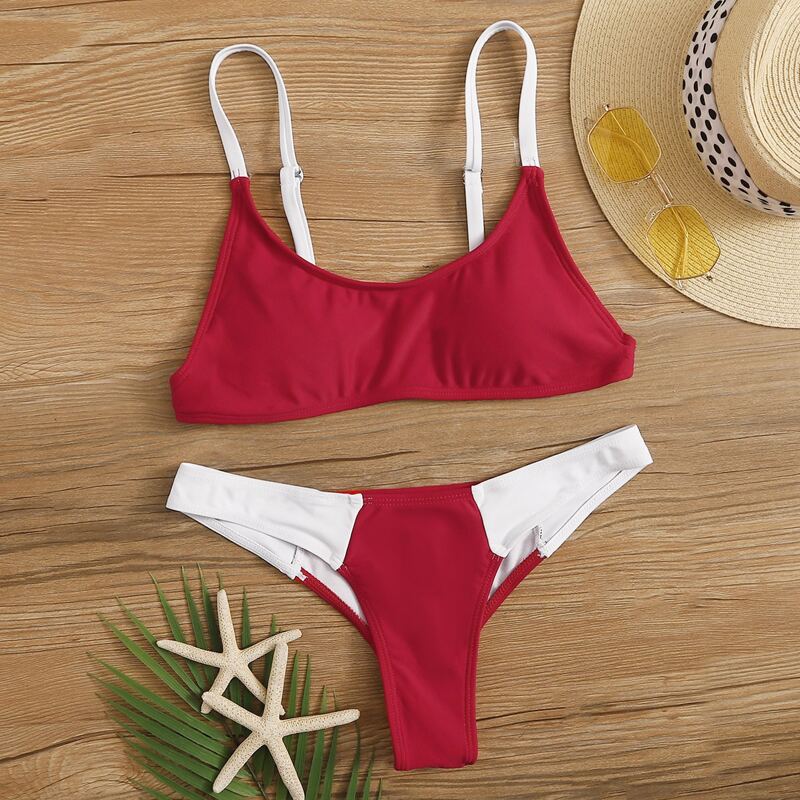 

Two Tone Top With Low Rise Bikini Set, Multicolor